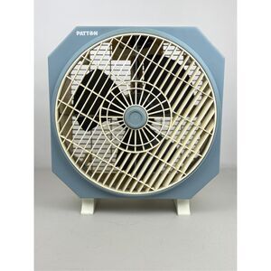 Vintage Patton CA-1284B 3 Speed Box Fan w/ Adjustable Spinning Grill Blue Cream